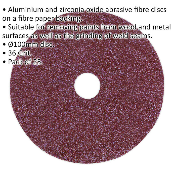 25 PACK - 100mm Fibre Backed Sanding Discs - 36 Grit Aluminium Oxide Round Sheet Loops