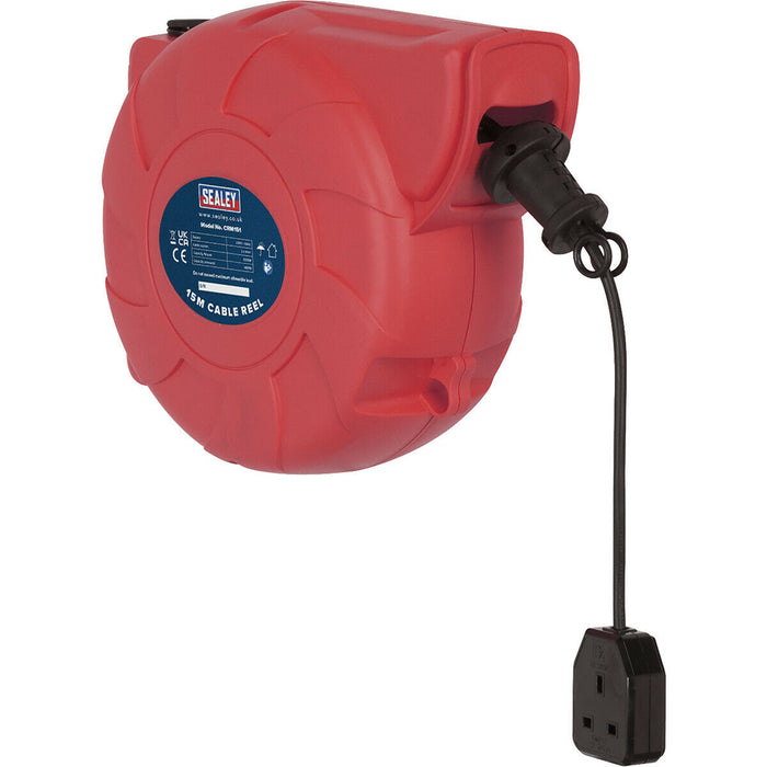 15m Retractable Cable Reel System - 1 x 230V Plug Socket - Pull & Release Action Loops