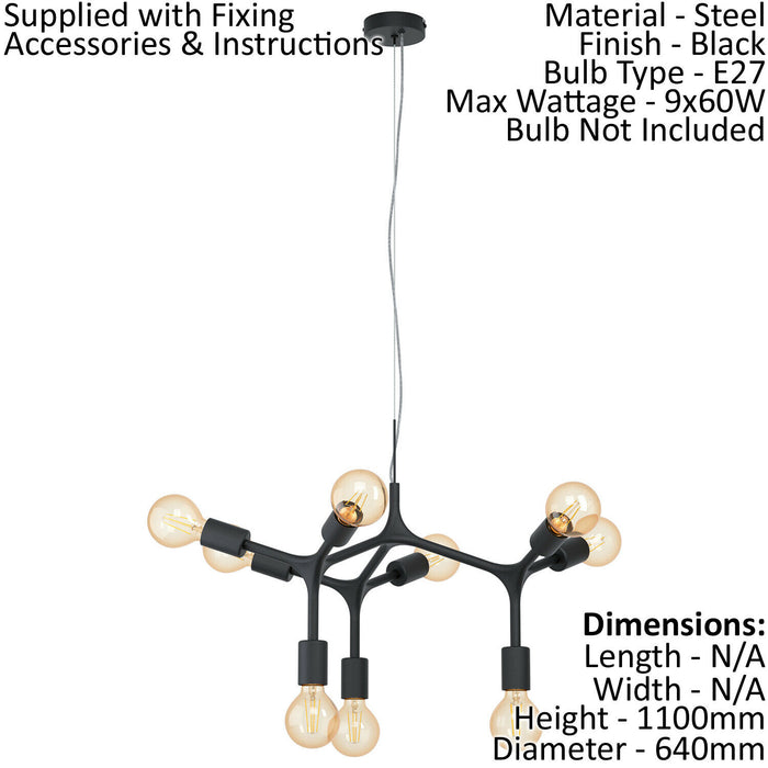 Pendant Ceiling Light 9 Bulb Colour Black Arms & Lamp Holders Bulb E27 9x60W Loops