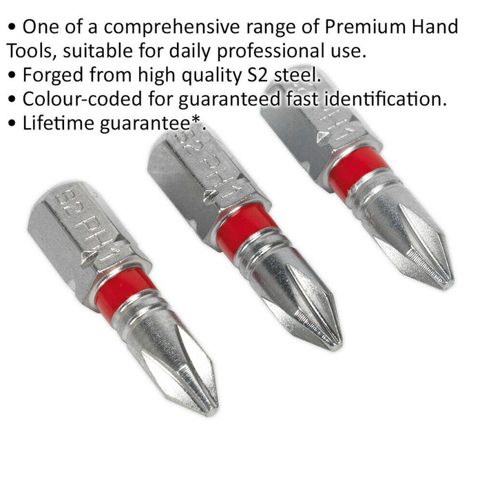 3 PACK 25mm Phillips #1 Colour-Coded Power Tool Bits - S2 Steel Drill Bit Loops