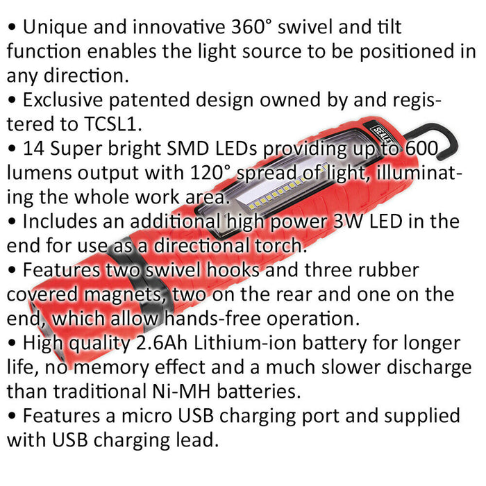 360° Swivel Inspection Light - 14 SMD & 3W SMD LED - Rechargeable - Red Loops