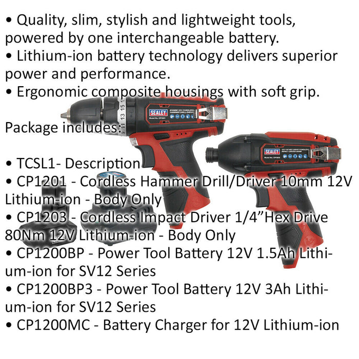 6 Piece 12V Cordless Power Tool Bundle - 2 Batteries & Charger - Storage Bag Loops