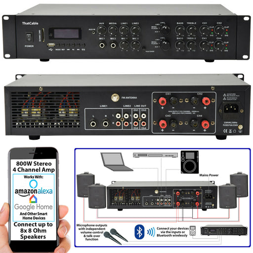 800W Stereo Bluetooth Amplifier | 4x 200W Channel Multi Zone HiFi Matrix Mixer Loops