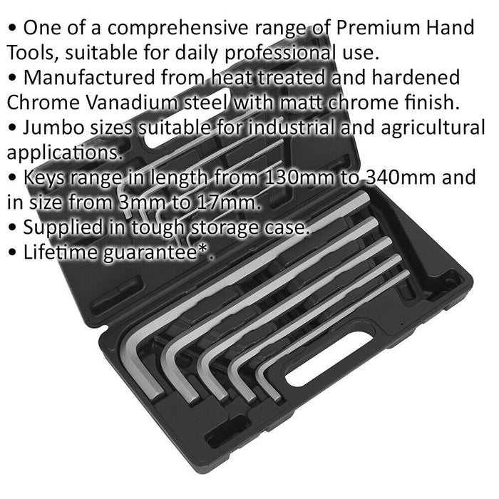 10 Piece Extra-Long Jumbo Hex Key Set - 130 - 340mm Length - 3mm to 17mm Size Loops