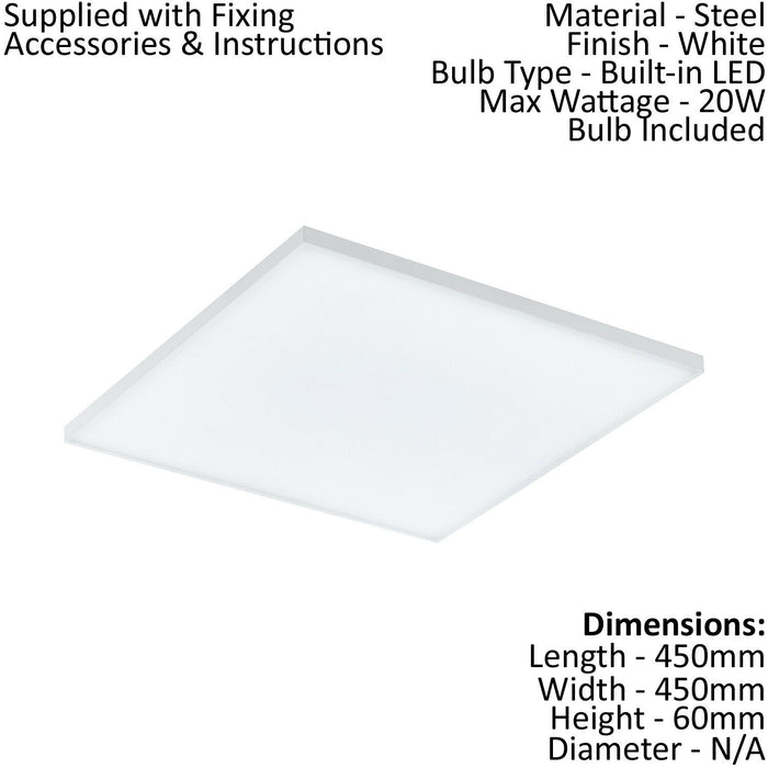 450mm Modern Sleek Ceiling Light White Slim Square Low Profile 20W LED 4000K Loops