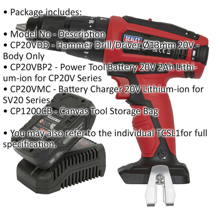 20V Hammer Drill Driver Kit - Includes 2Ah Battery & Charger - Storage Bag Loops