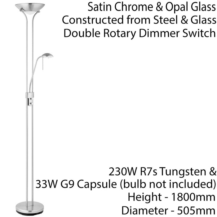 Mother & Child Floor Lamp Satin Chrome 1.8m Twin Light Dimmer Flexible Reading Loops