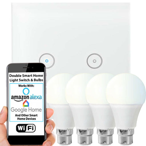 WiFi Light Switch & Bulb 4x 10W B22 Cool White Lamp & Double Wireless Wall Plate Loops