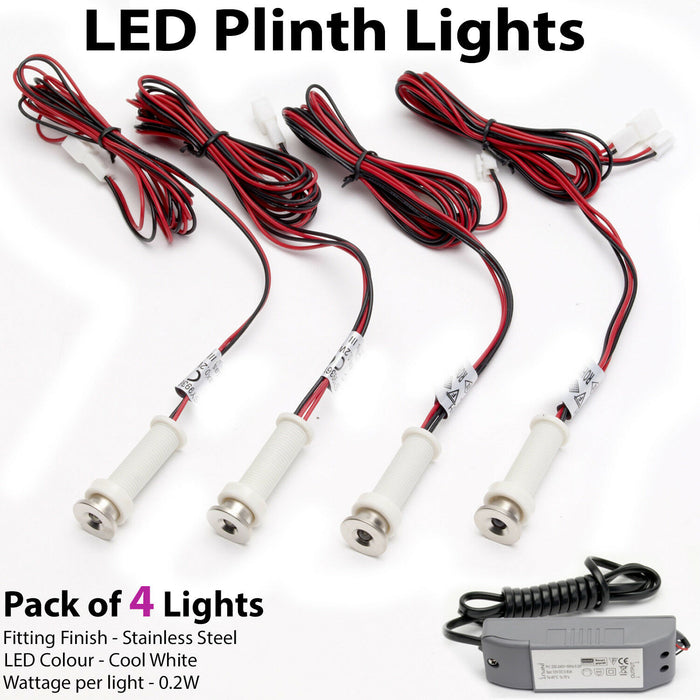 ROUND LED Plinth Light Kit 4x COOL WHITE Spotlights Kitchen Bathroom Floor Panel Loops