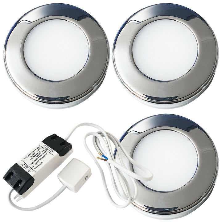3x 2.6W LED Kitchen Cabinet Surface Spot Lights & Driver Chrome Natural White Loops