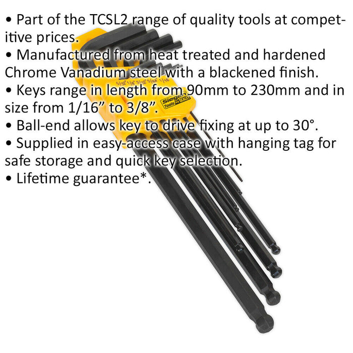 9 Piece Extra-Long Ball-End Hex Key Set -  90 - 230mm Length - Imperial Sizing Loops