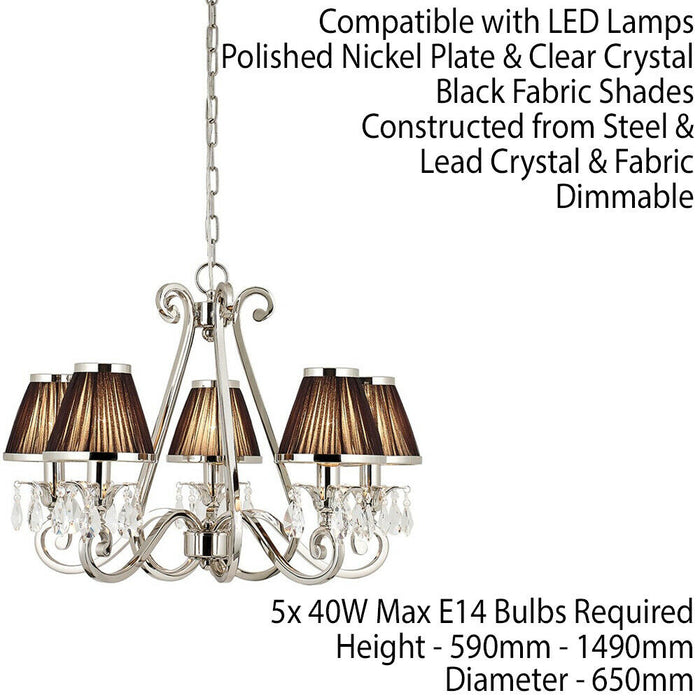 Esher Ceiling Pendant Chandelier Nickel Crystal & Black Shades 5 Lamp Light Loops