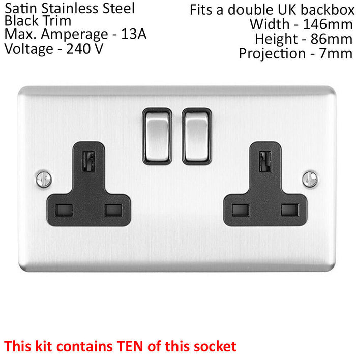 SATIN STEEL House Socket & Switch Set -14x Light & 14x Switched UK Power Sockets Loops