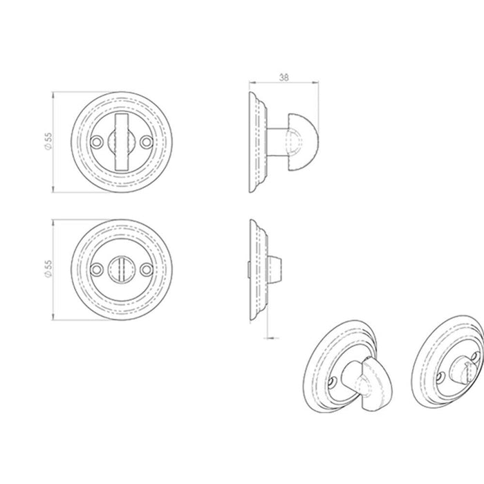 Bathroom Thumbturn And Release Handle Reeded Design 55mm Dia Satin Nickel Loops