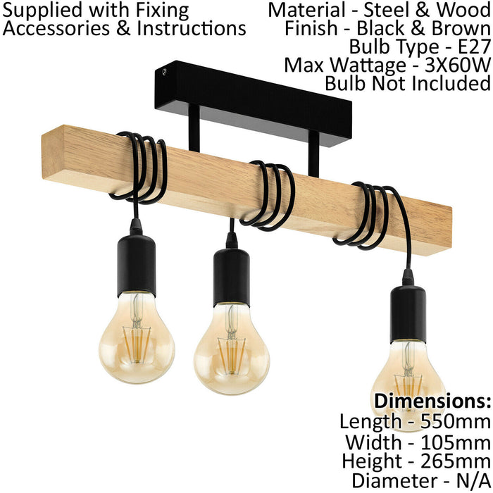 Ceiling Spot Light & 2x Matching Wall Lights Black & Wood Trendy Hanging Lamp Loops