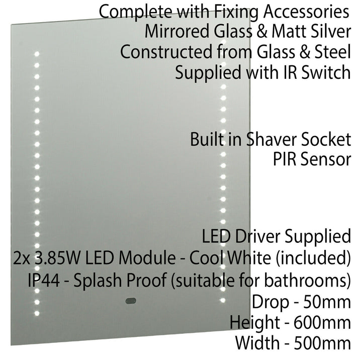 IP44 LED Bathroom Mirror 60cm x 50cm Vanity Light Motion Switch & Shaver Socket Loops