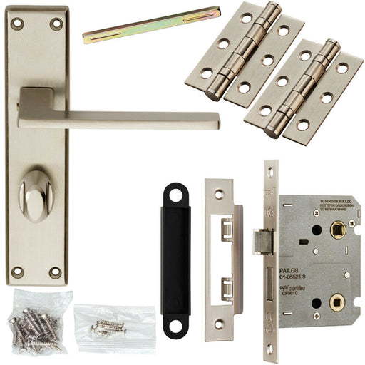 Door Handle & Bathroom Lock Pack Satin Chrome Flat Arm Square Thumb Backplate Loops