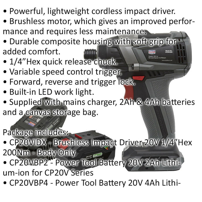 20V Brushless Impact Driver Kit - 1/4" Hex Drive - Variable Speed - 2 Batteries Loops