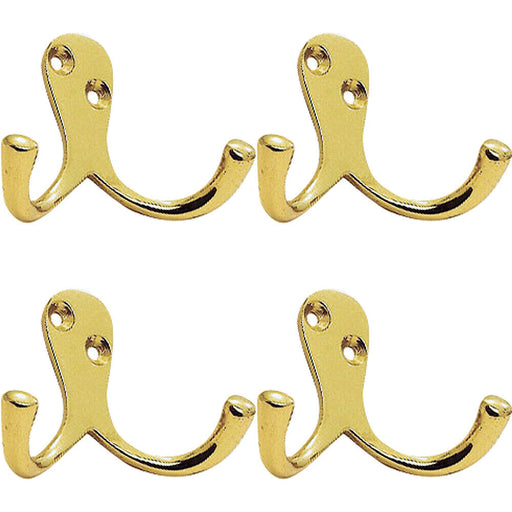 4x Victorian One Piece Double Bathroom Robe Hook 26mm Projection Polished Brass Loops