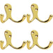 4x Victorian One Piece Double Bathroom Robe Hook 26mm Projection Polished Brass Loops