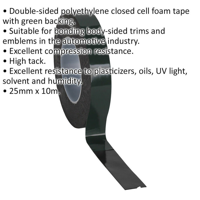25mm x 10m Double-Sided Adhesive Outdoor Foam Tape - Green Backed - High Tack Loops