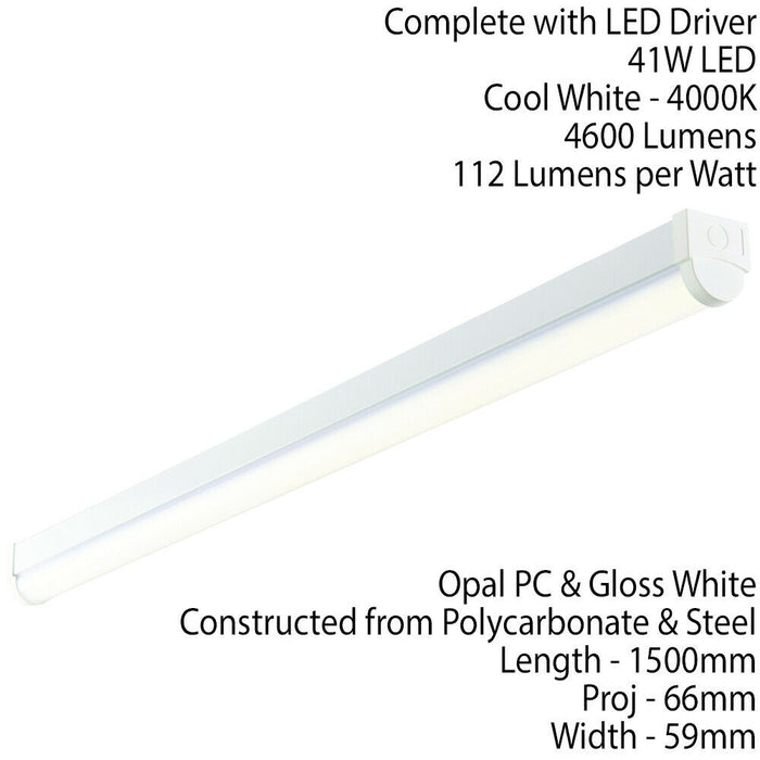 5ft SINGLE 41W Cool White LED Linear Ceiling Strip Light Slim Batten Lamp 4600Lm Loops