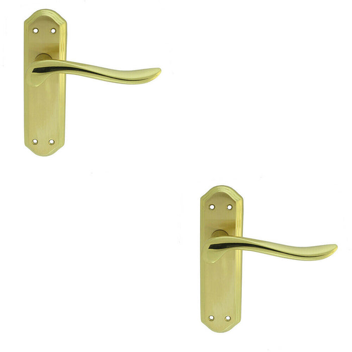 2x PAIR Curved Lever on Sculpted Latch Backplate 180 x 48mm Satin/Polished Brass Loops