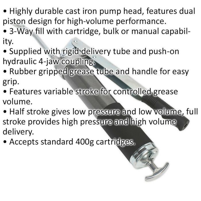 Heavy Duty Twin Piston Grease Gun - 3-Way Fill - Variable Stroke - Rubber Grip Loops