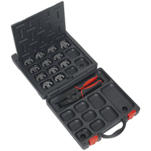 Ratchet Crimping Tool Set - 12 Interchangeable Hardened Jaws - Storage Case Loops