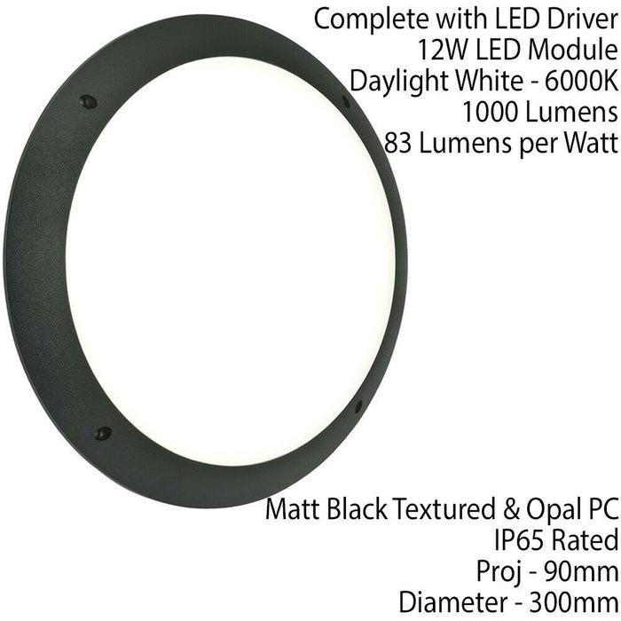 IP65 Outdoor Round Wall Ceiling Lamp Matt Black Plain Bulkhead 12W Daylight LED Loops