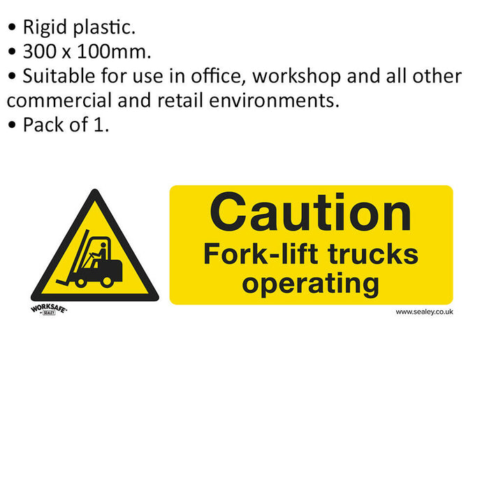 1x CAUTION FORK-LIFT TRUCKS Safety Sign - Rigid Plastic 300 x 100mm Warning Loops