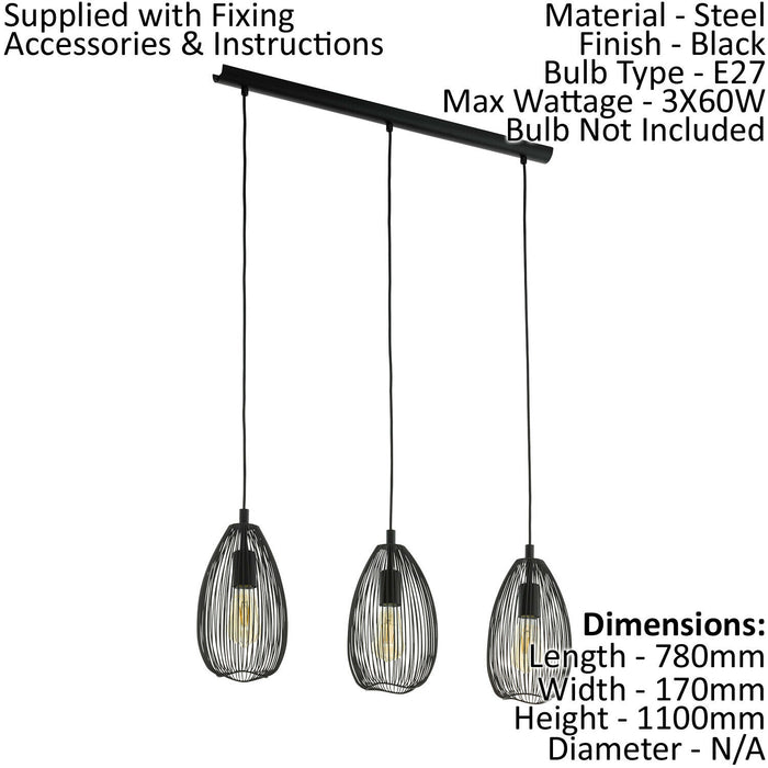 3 Bulb Ceiling Pendant & 2x Matching Wall Lights Black Wire Cage Shade Linear Loops