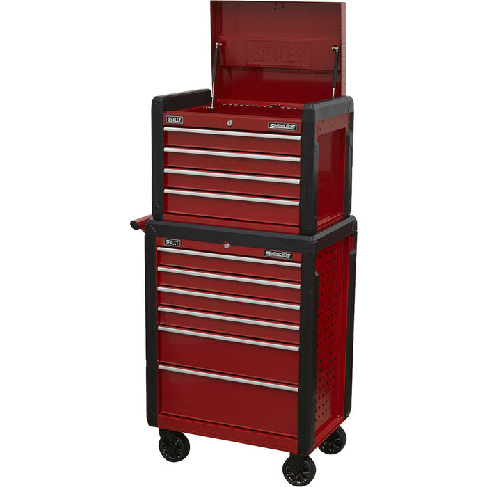 702 x 477 x 1440mm 10 Drawer Combination Tool Chest - RED Mobile Storage Box Loops
