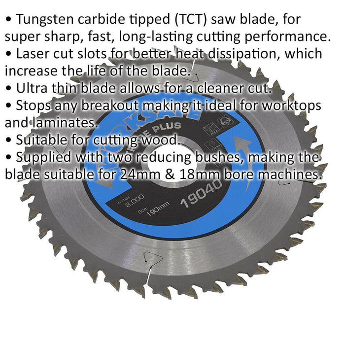 190 x 30mm TCT Circular Saw Blade - 30mm Bore - 40 TPU - Ultra Thin Clean Cut Loops