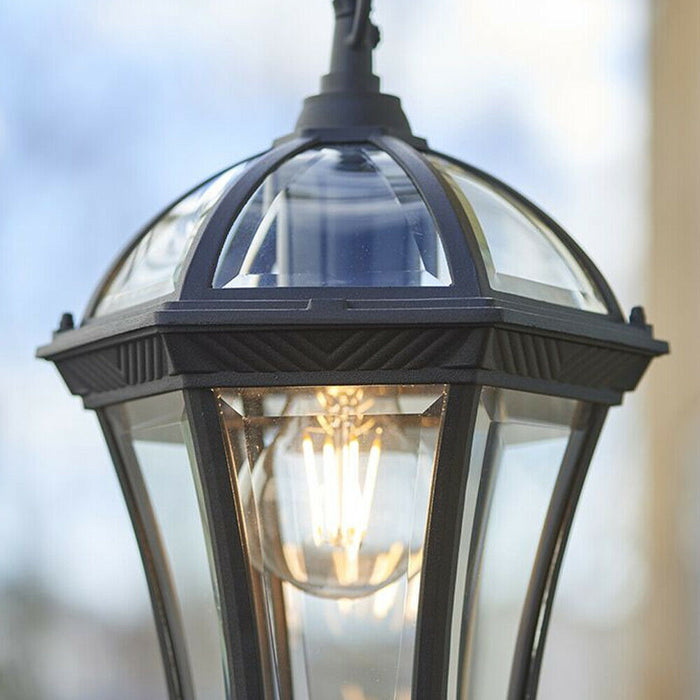 IP44 Outdoor Hanging Pendant Porch Light Traditional Black & Glass Lantern Lamp Loops