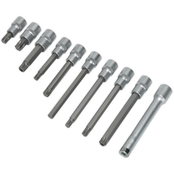 10 Piece Head Bolt Socket Bit Set - 1/2" Sq Drive - S2 Steel Male Bits - Knurled Loops