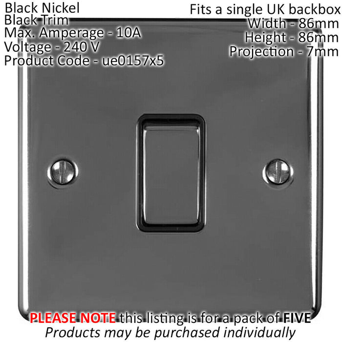 5 PACK 1 Gang Single Metal Light Switch BLACK NICKEL 2 Way 10A Black Trim Loops