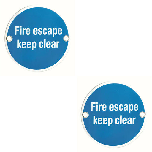 2x Fire Door Keep Clear Sign 64mm Fixing Centres 76mm Dia Polished Steel Loops