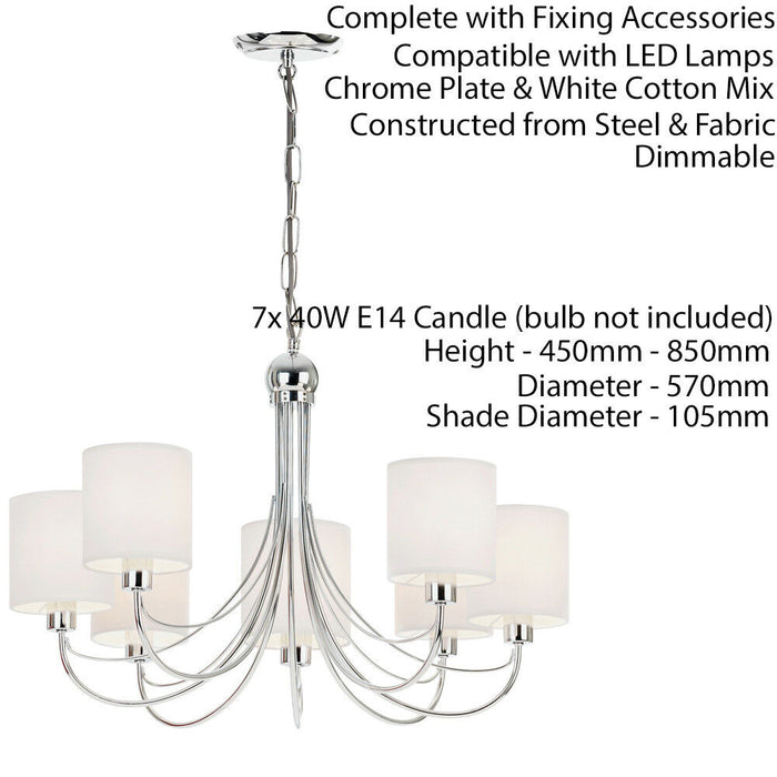 Multi Light Ceiling Pendant 7 Bulb Chrome & White Shade Chandelier Modern Lamp Loops