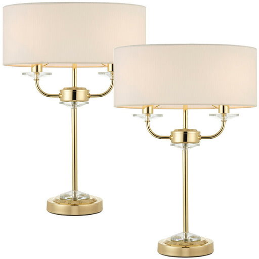 2 PACK Twin Light Table Lamp 2 Bulb Brass & White Shade Crystal Trim Bedside Loops