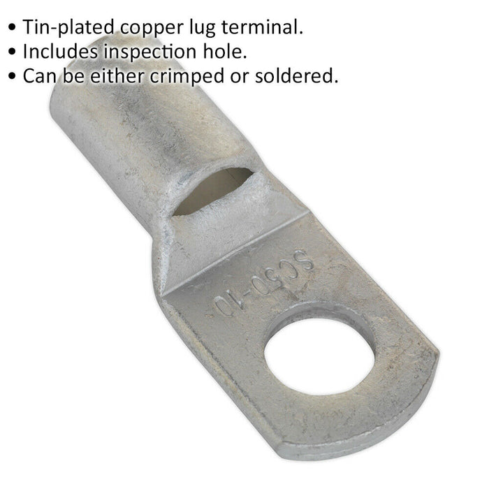 10 PK Tin-Plated Copper Lug Terminal - 50mm² x 10mm - Crimp Solder Cable Eyelet Loops