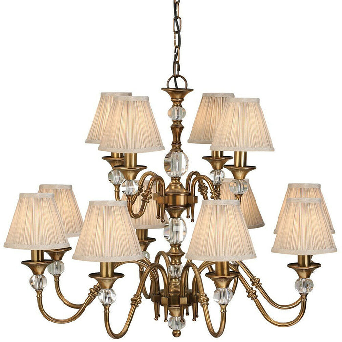 Diana Ceiling Pendant Chandelier Antique Brass & Beige Pleat Shade 12 Lamp Light Loops