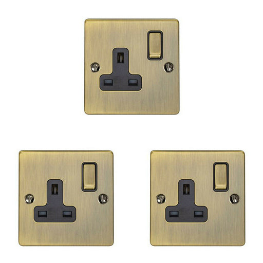 3 PACK 1 Gang Single UK Plug Socket ANTIQUE BRASS 13A Switched Power Outlet Loops