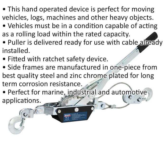 Hand Operated Power Puller - 1000kg Rolling Capacity - Ratchet Safety Device Loops