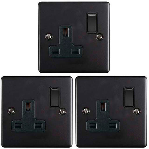 3 PACK 1 Gang Single UK Plug Socket MATT BLACK 13A Switched Power Outlet Loops
