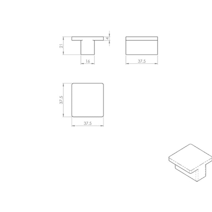 2x Square T Shape Cupboard Door Knob 38 x 38mm Satin Nickel Cabinet Handle Loops
