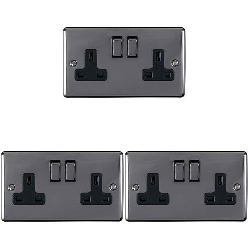 3 PACK 2 Gang Double UK Plug Socket BLACK NICKEL 13A Switched Power Outlet Loops