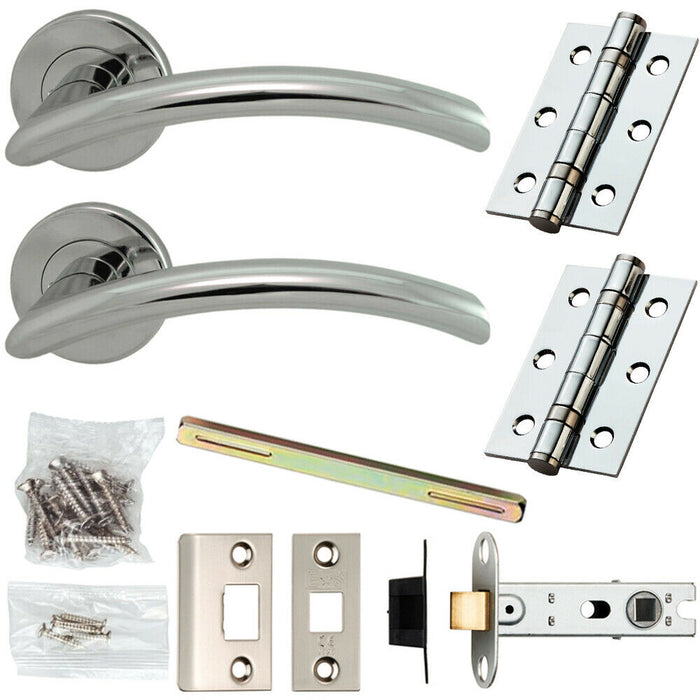 Door Handle & Latch Pack Chrome Modern Arched Slim Bar on Screwless Round Rose Loops