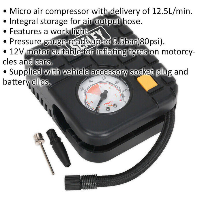 Portable 12V Tyre Inflator / Mini Air Compressor & Work Light Car & Motorcycles Loops