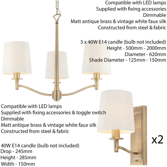 3 Bulb Ceiling Pendant Lamp & 2x Matching Wall Light Matt Antique Brass & Shade Loops